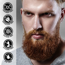 Load image into Gallery viewer, man with nice full beard with free from toxic ingredients icons
